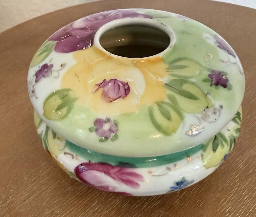 Vintage Antique Porcelain Hair Receiver Hand Painted Floral Dressing Table Jar